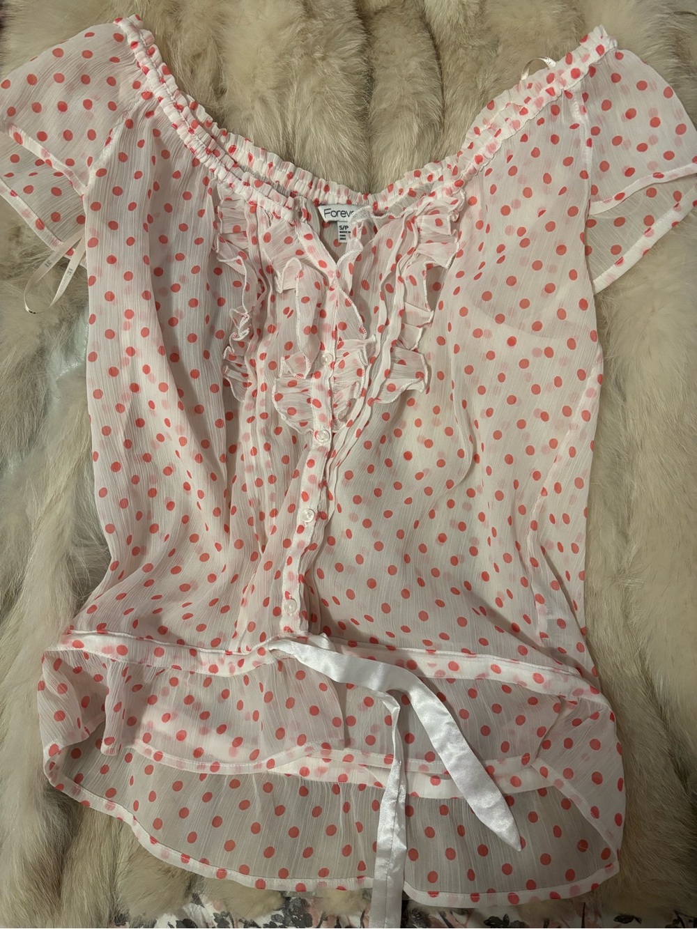 Vintage Forever 21 Pink/Bright Red Polka Dot Ruffle Sheer Top w/ Waist Tie